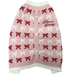 Vibrant Life Boss Lady Pink Bow Cardigan Dog Sweater Size L Valentines EUC Warm